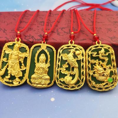 Gold Guanyin Maitreya Buddha Pendant with Dragon Year Zodiac Jade Necklace