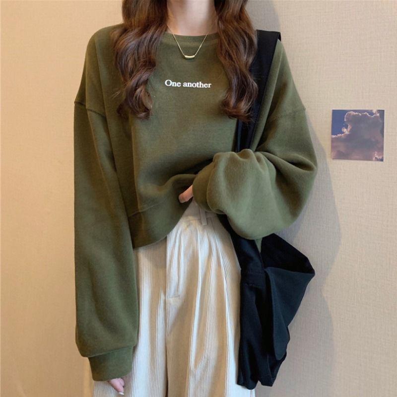 Mode Pullover Damen Herbst und Winter Rundhals Kurzer Abschnitt Langarm Tops Weiblich Lose Keine Kappe