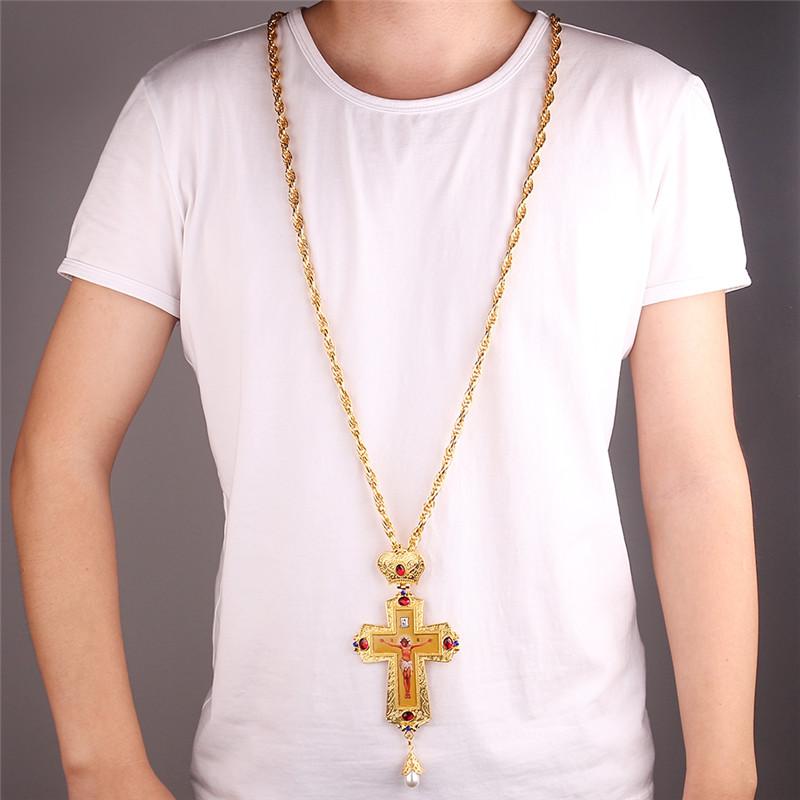 Men's Necklace Christian Orthodox Crucifix Jesus Russian Cross Prayer Big Pendant Necklace Russia Jewelry Pastor Collar