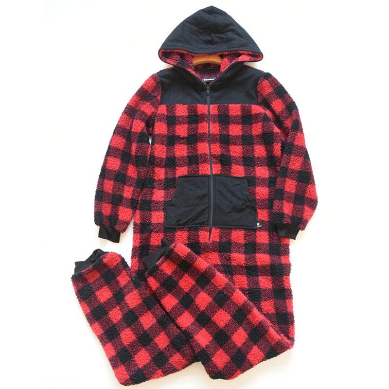 

Outdoor Single Autumn and Winter Men s and Women s Extended Hooded Thickened Warm Berber Fleece Long Sleeves One-Piece Pajamas Loose Homewear RED CHECK M