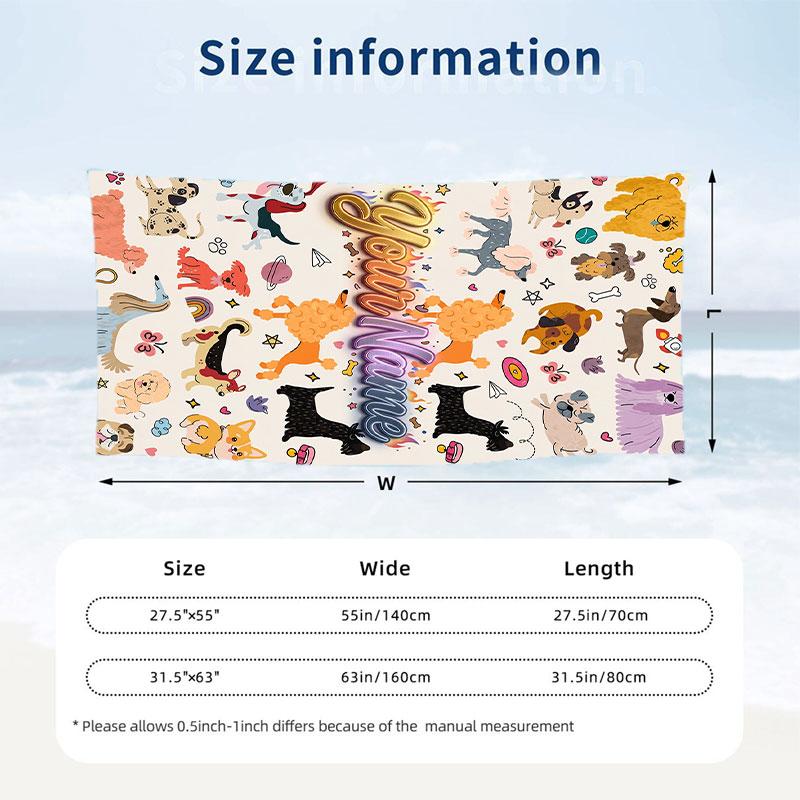 Dog Theme Beach Towel Personalized Custom Name & Text Soft Quick Dry Beach Towel for Swimming Travel