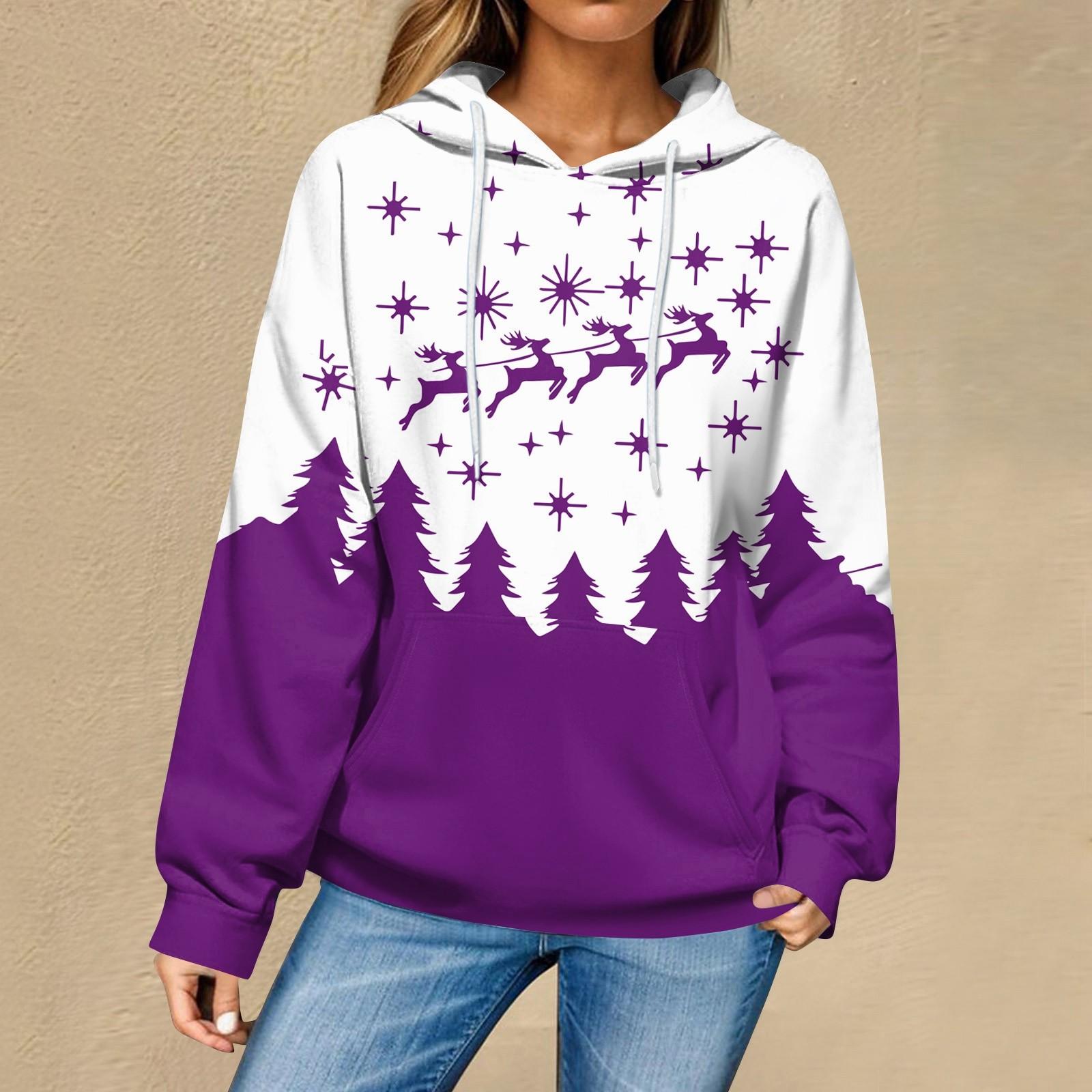 

Женская повседневная мода рождественский принт длинный рукав пуловер толстовки с капюшоном свитшоты L фиолетовый