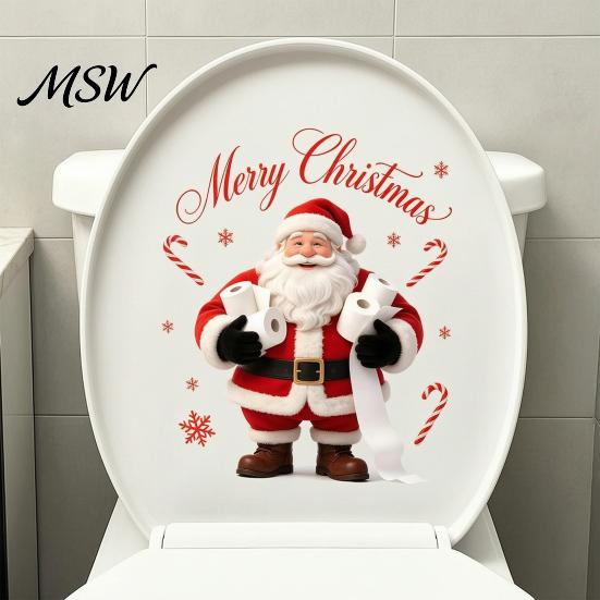 Winter Scene Decoration Funny Santa Hug Paper Toilet Sticker, Peel And Stick Christmas Claus Sticker Bathroom Decal, Humorous Holiday Decor