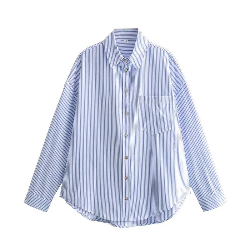 

Fashion Style 2024 Spring New Women s Clothing Elegant All-Matching Striped Loose Long Sleeves Shirt 4387034 044 Light blue L