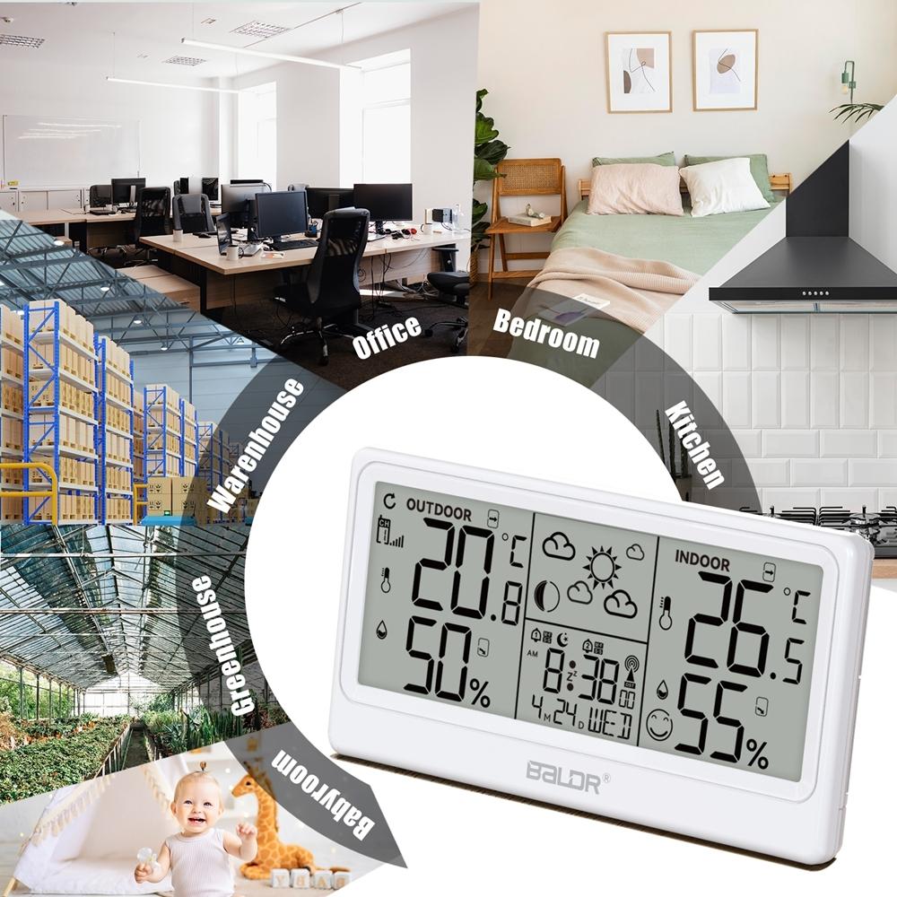 Baldr 8.5" Large Screen Weather Station RCC Atomic Alarm Clock Thermometer Hygrometer Moon Phases 100M Wireless Outside Forecast