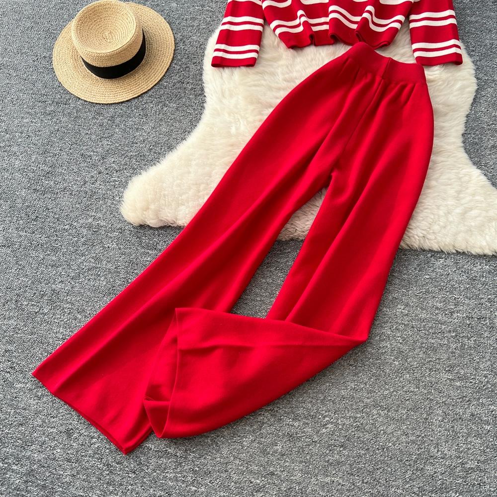 Autumn Winter Women Casual Striped Knitted Sweater Trouser Two Piece Set Full Sleeve Pullover Tops and Wide Leg Pant Tracksuit
