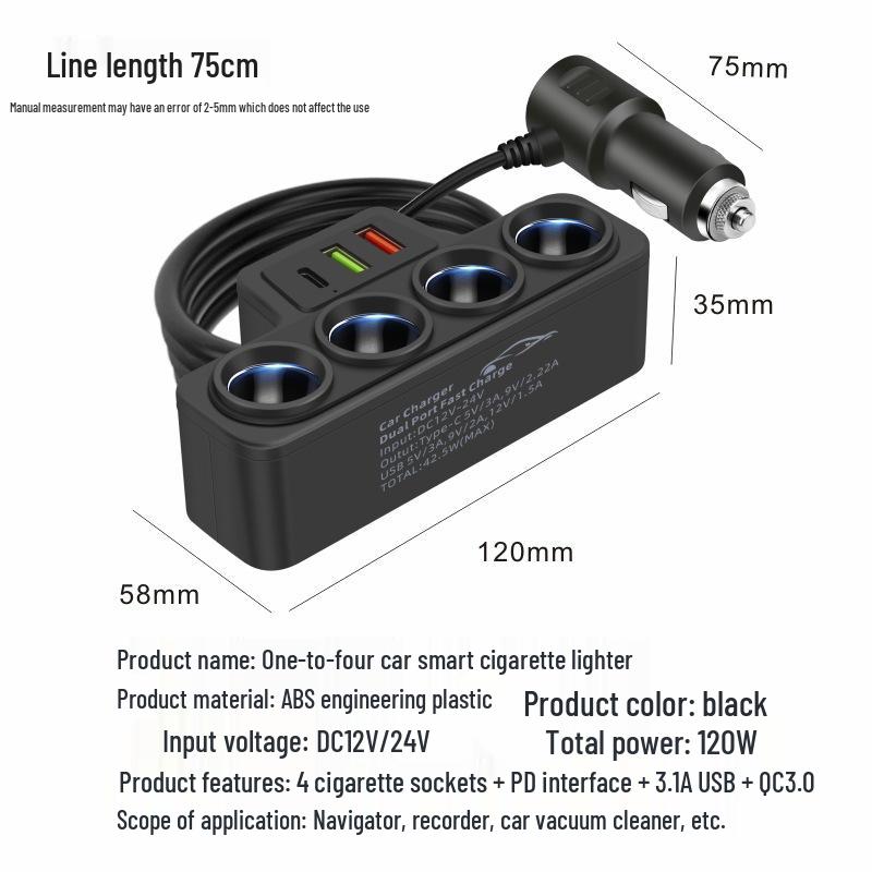Splitter per Caricabatterie da Auto a 4 Porte con Alta Potenza da 120W e Ricarica Rapida QC 3.0 (Universale 12V/24V)