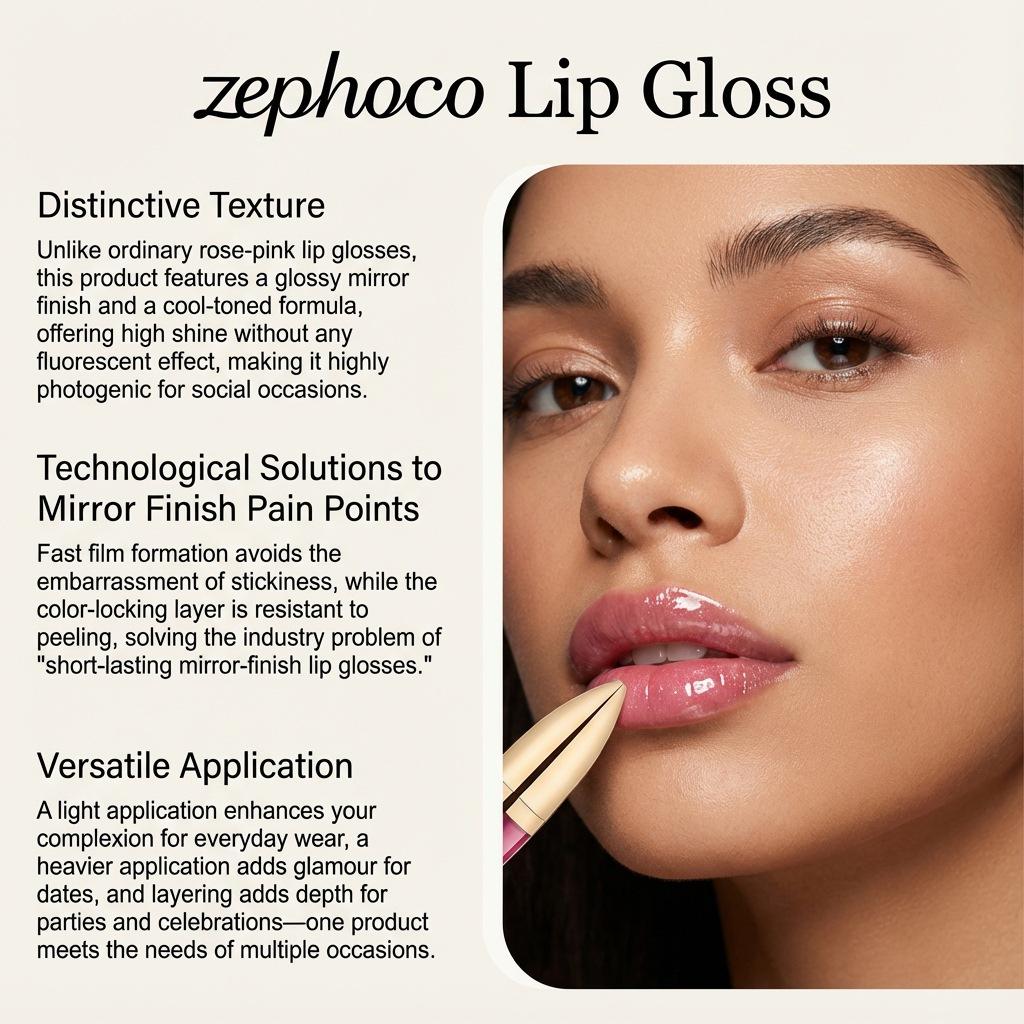 Zephoco Leuchtender Rosenrosa Lippen-Gloss: Feuchtigkeitsspendend, Pigmentiert, Nicht abfärbend, Hydrierend, Seidig, Tragbar.