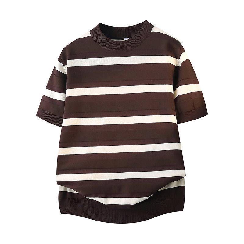 

2026 Men s Slim-Fit Retro Striped Knit Top - Casual Black & White Round Neck T-Shirt XL кофейный