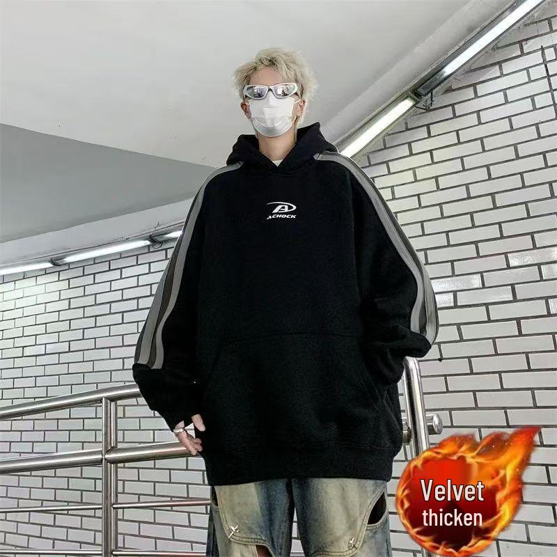 Men s Trendy American Striped Patchwork Hoodie - Autumn/Winter Casual Loose Fit for Couples L чёрный