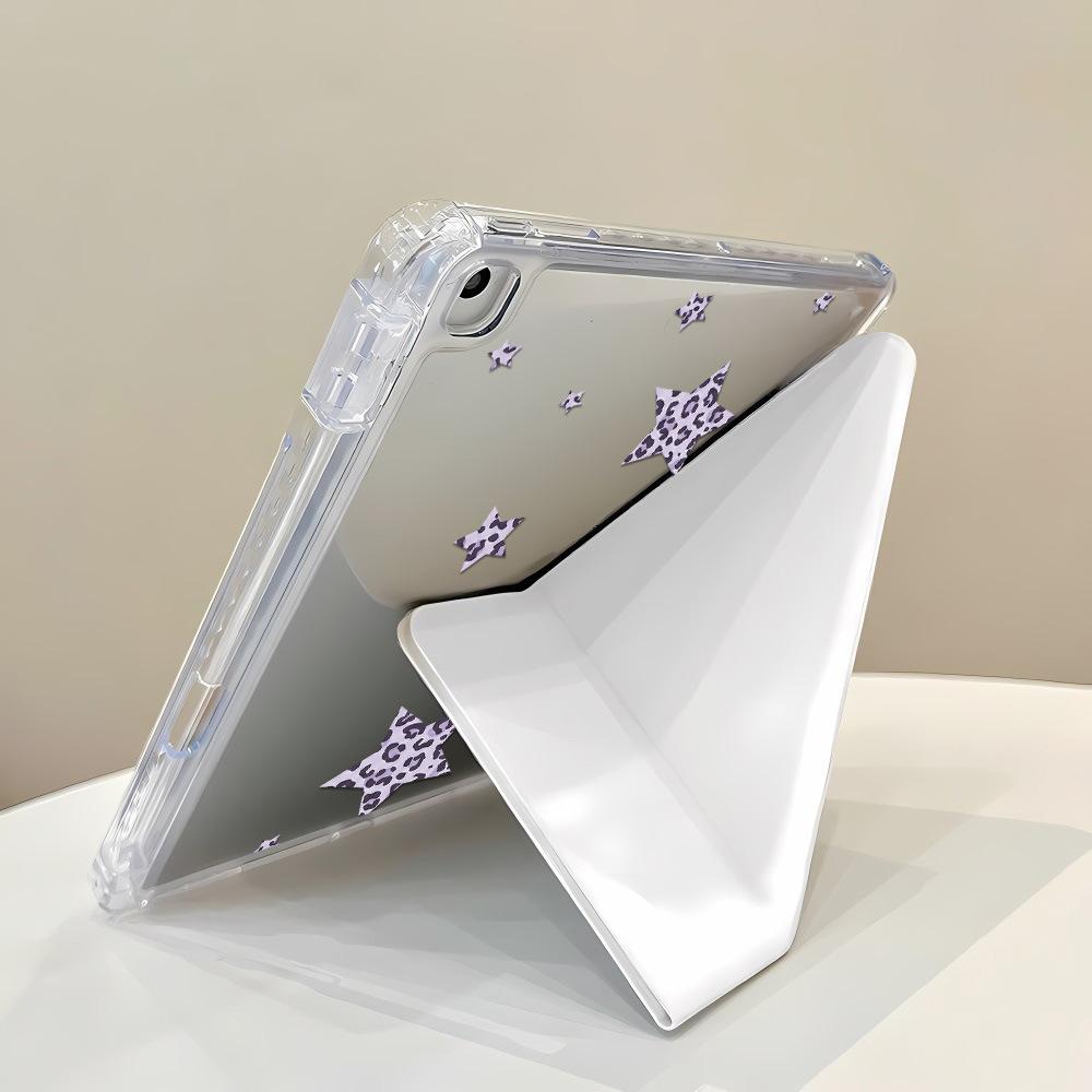 Purple Leopard Print Star Y Folding Sticker Tablet Protective Case for iPad 11 Inch Transparent iPad Pro with Pen Slot