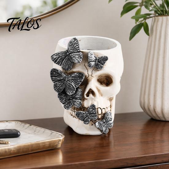 Skull Pen Holder Gothic Holder, Spooky Butterfly Makeup Brush Halloween Party Decoration Organizer, Desktop Pencil Cup for Home Office Decor