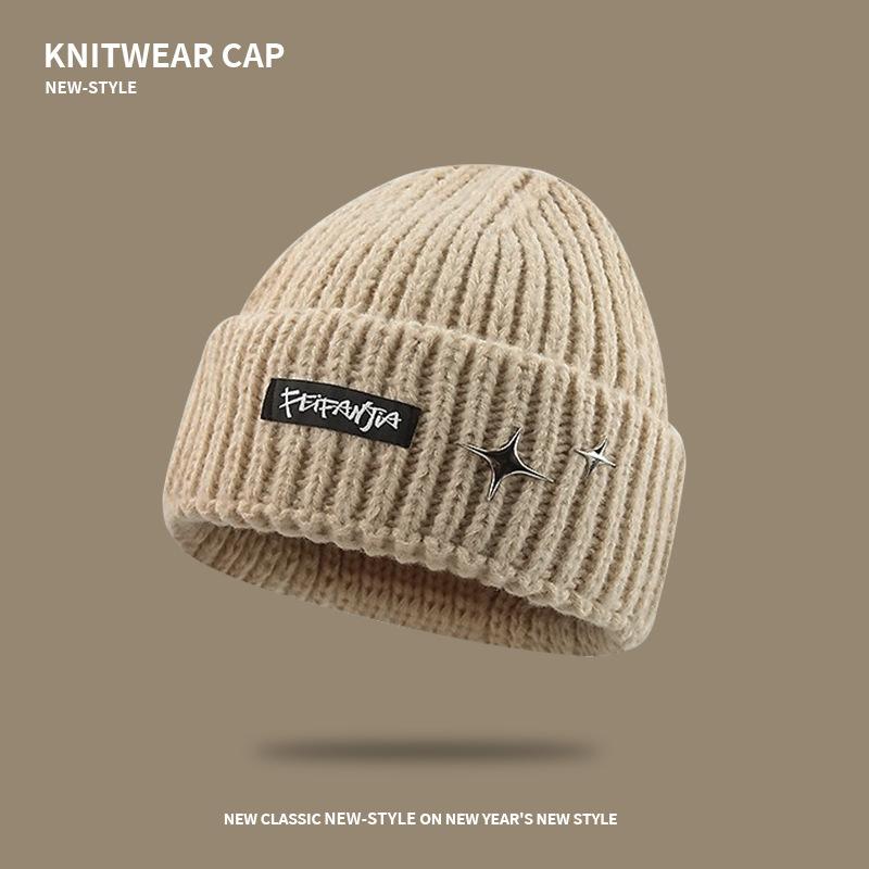 Letter Knitted Hat Women's Autumn and Winter Big Head Circumference Versatile Ear Protection Warm Wool Hat Showing Face Small Bag Head Cold Hat