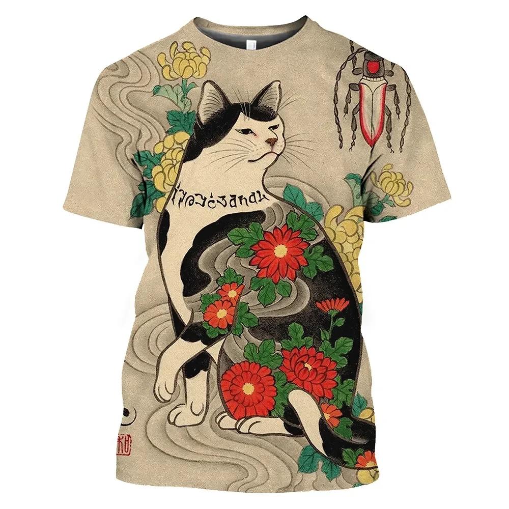 New Vintage T Shirt Men Japanese Style Short Sleeve Tops 3D Cat Tattoo Print O-neck T-shirts Oversized Tee Shirt Men Clothing