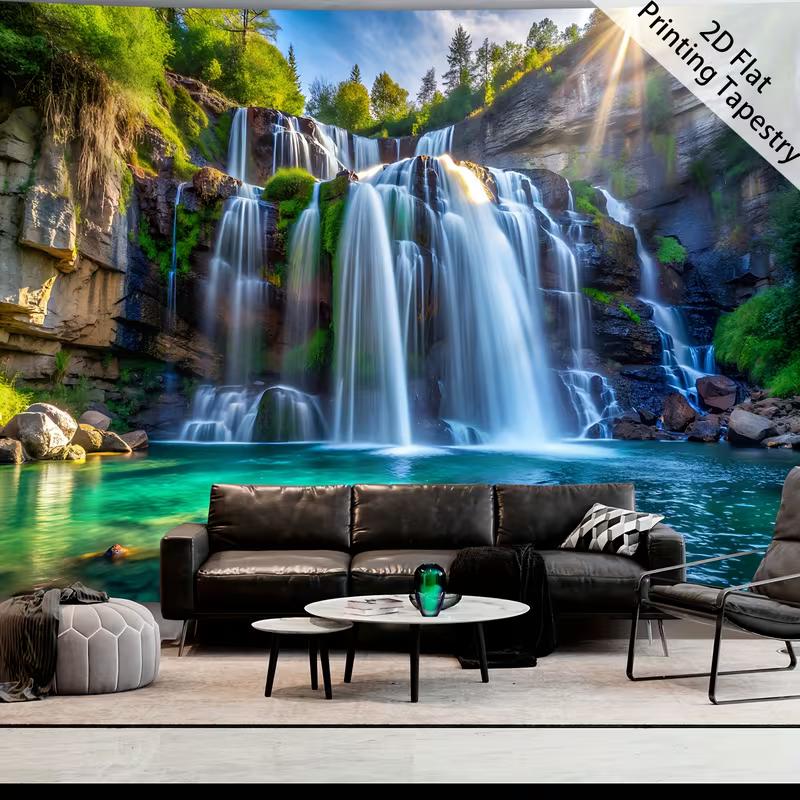 Green Forest Waterfall Lake Tapestry Nature Scenery Wall Art for Aesthetic Home Decor