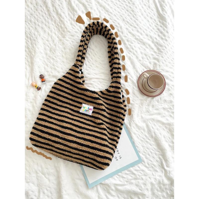 Soft Plush Stripe Women's Shoulder Bag Large Capacity Ladies Shopping Bags Cute Female Travel Tote Faux Lamb Wool Handbags Purse