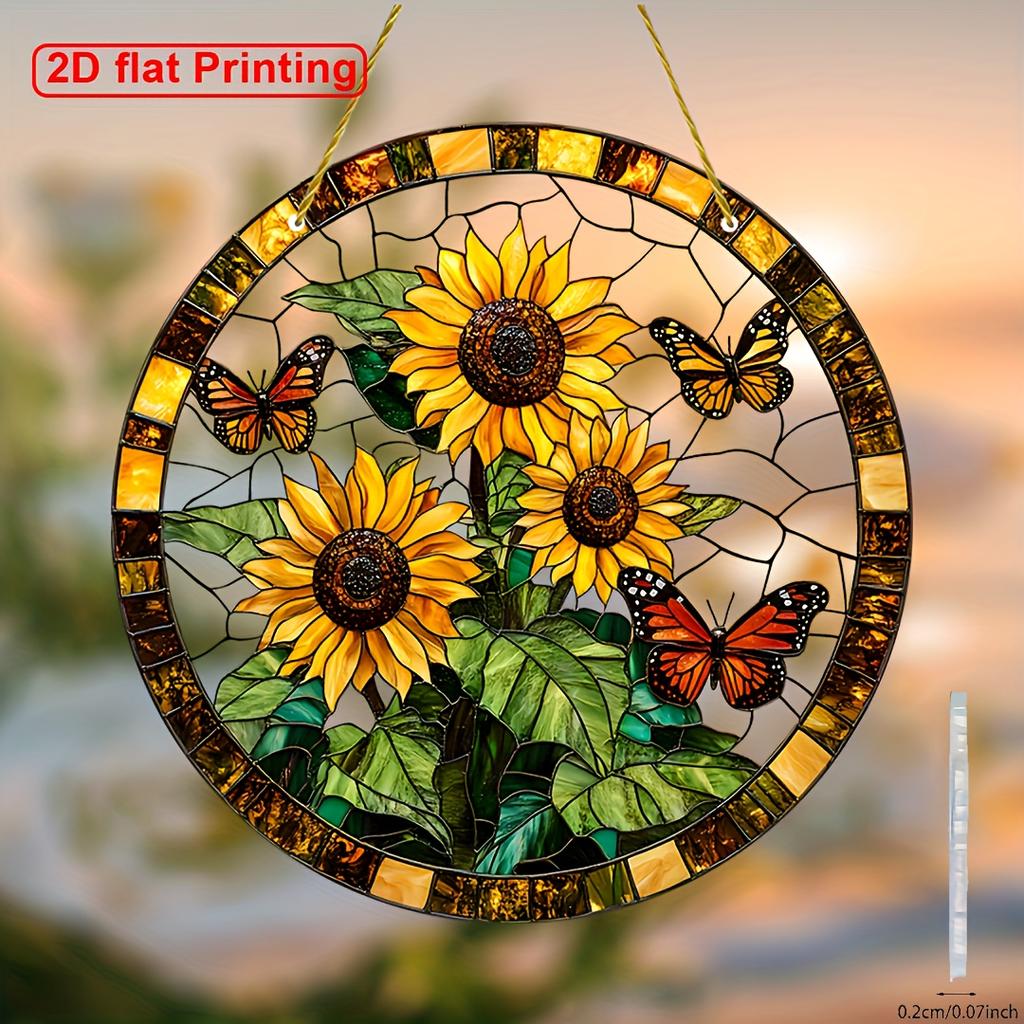 2D Flat Vibrant Sunflower Butterfly Stained Glass-Style Suncatcher Acrylic Hanging Decor for Windows Festive Party Decoration