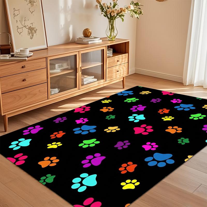 Black Area Rug with Vibrant Multicolor Paw Prints Floor Mat for Bedroom Living Room Nursery Playful Pet Themed Home Decor