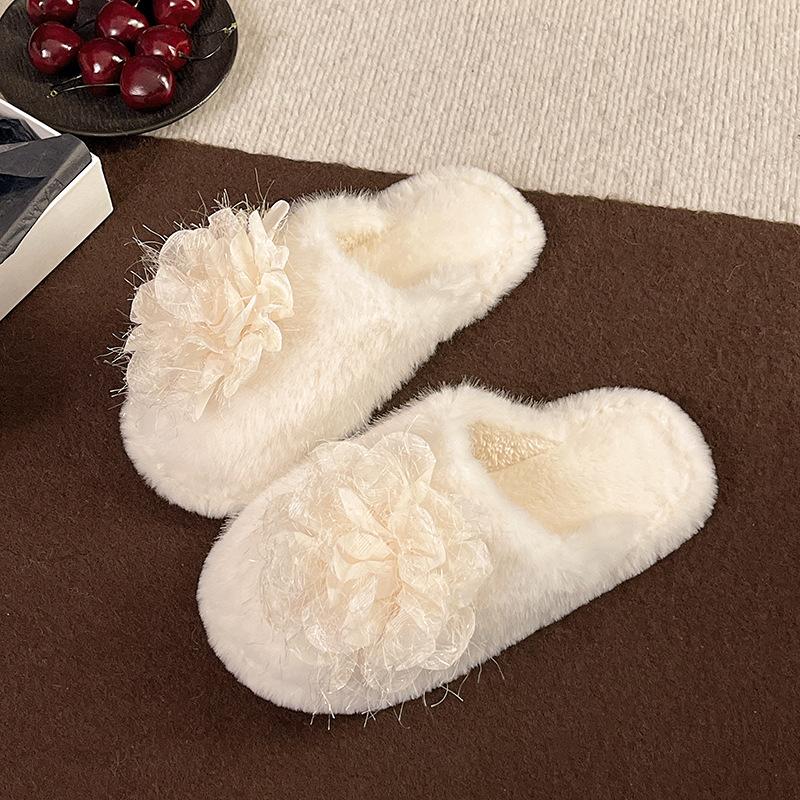 Korean sweet mesh flower flat heel slippers women's autumn wear Internet celebrity one-character soft bottom non-slip cotton slippers women