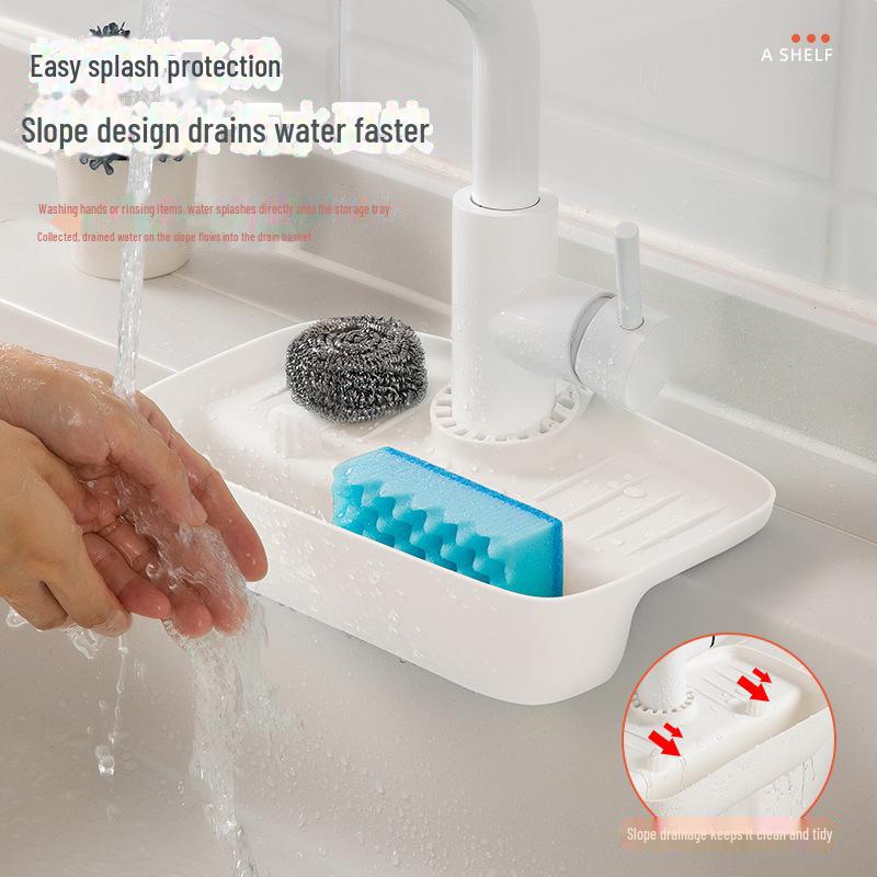Sink Faucet Splash-Proof Drain Rack: Non-Slip Countertop Pad and Sponge Storage.