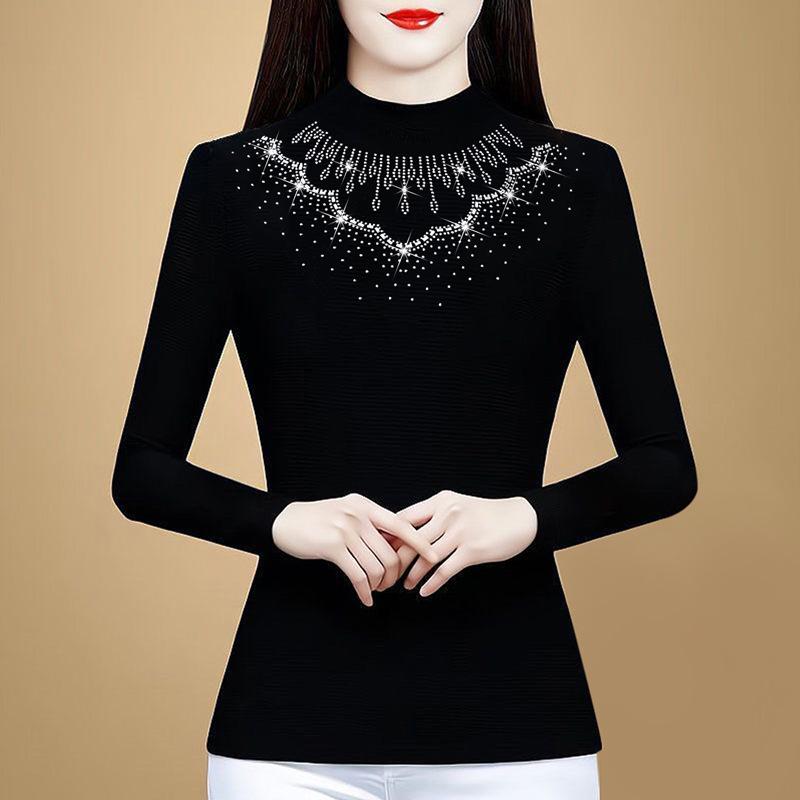 Winter Women's Thickened T-shirt Top Women's Long-sleeved Semi-turtleneck Warm Black Bottoming Shirt