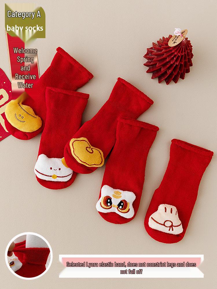 Newborn Toddler Red Terry Cloth Anti-slip Socks - Thick, Warm & Cozy for Autumn/Winter