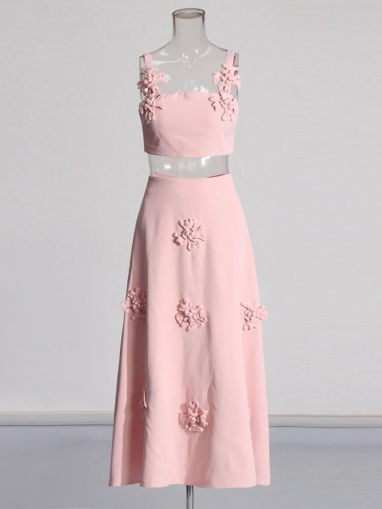 2025 French Retro Summer Floral Spliced High-Waist Midi Skirt and Sling Top Set