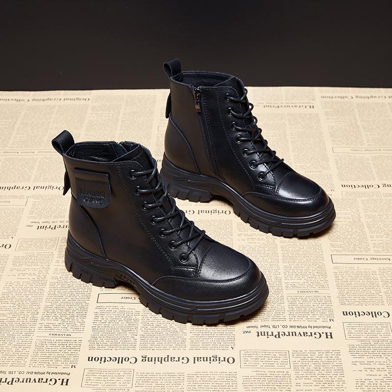 Leather Martin Boots Women's British Style Autumn and Winter New Short Boots Side Zipper Round Head Thick Heel Lace-up Trendy Boots