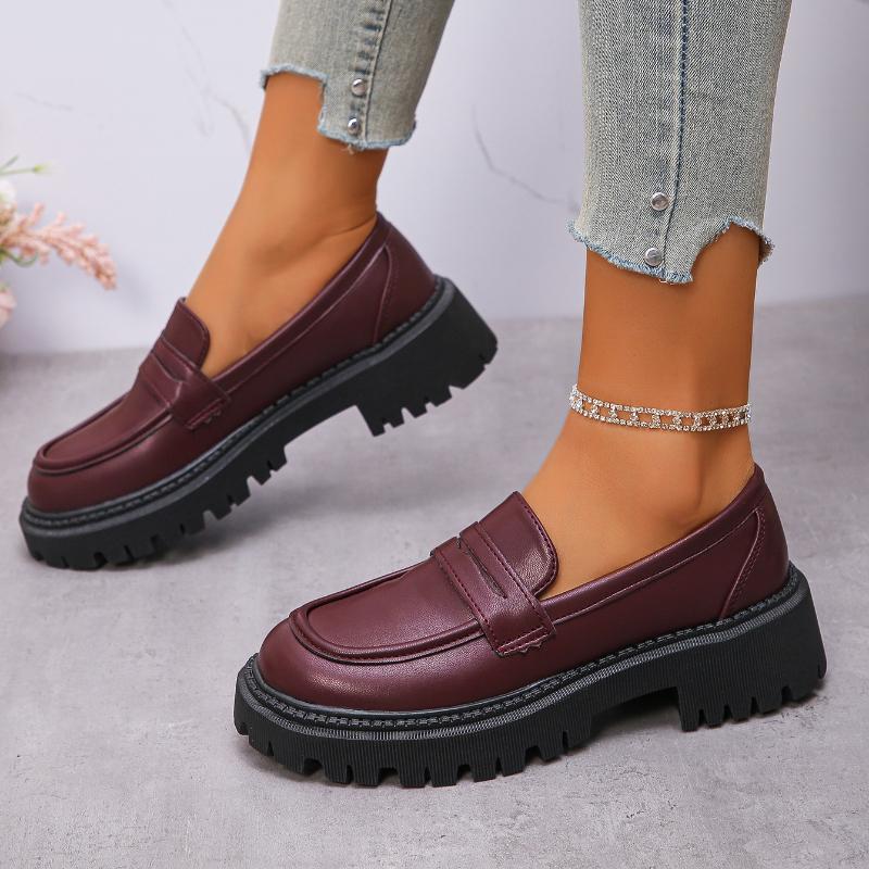 2026 Nowe Modne Damskie Płaskie Buty w Brytyjskim Stylu Gruba Podeszwa Codzienne Mokasyny Okrągły Nosek Poliuretan Guma Sprężyna Jesienne Płaskie Buty