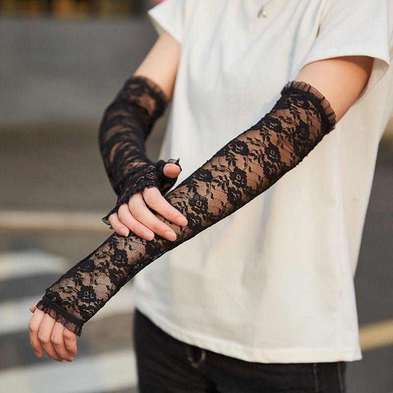 

Sun Protection Gloves for Women Spring/Summer Thin Long Lace Sleeves Protective Arm Driving Arm Protection Sleeve Oversleeve Half Finger Black All yards