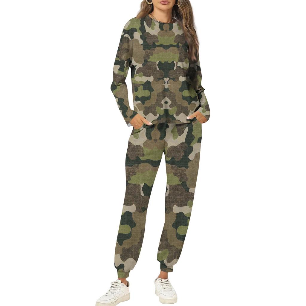 Sets For Women 2 Piece Round Neck Long Sleeve Shirts Printed Sweatpants Pocket Sets