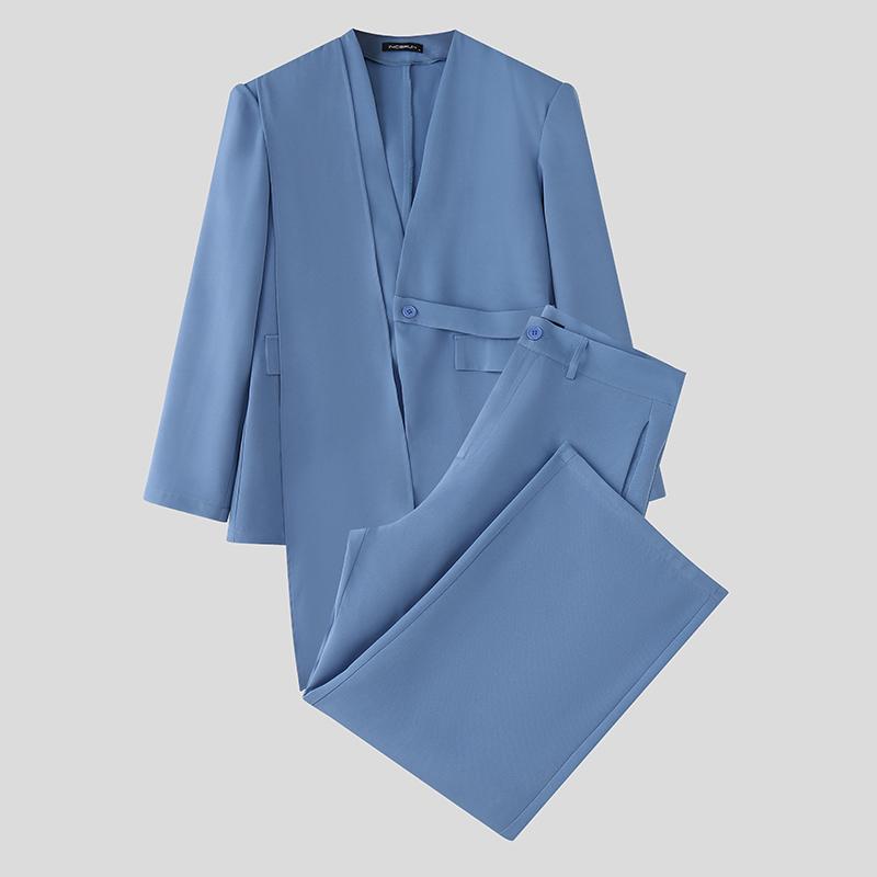 INCERUN Two Pieces Outfits Men Long Sleeve Layers Thin Blazer Long Straight Pants Party Sets