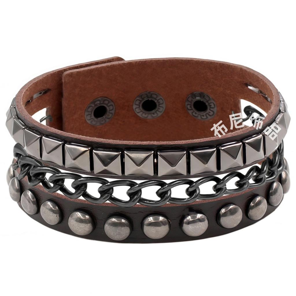 PU Leather European and American Punk Bracelet Dark Black Square Rivet Bracelet Non-mainstream Iron Chain Multi-layer Bracelet