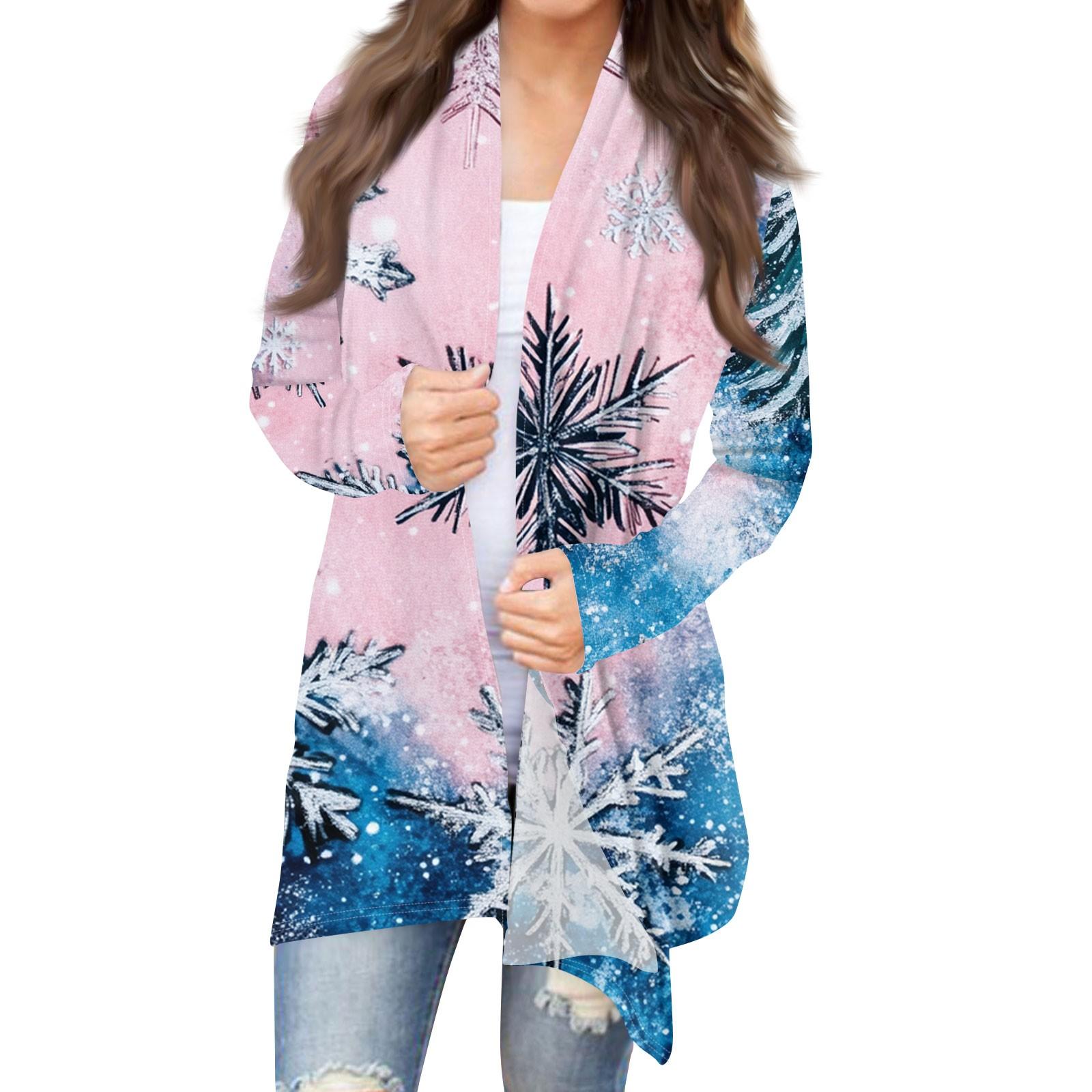 Женская мода повседневная рождественская печать средней длины кардиган куртка пальто M — фото 3