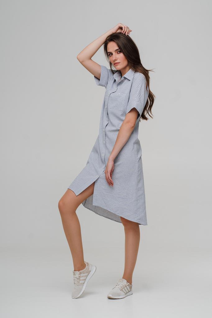 Платье-рубашка в полоску со льна и коротким рукавом