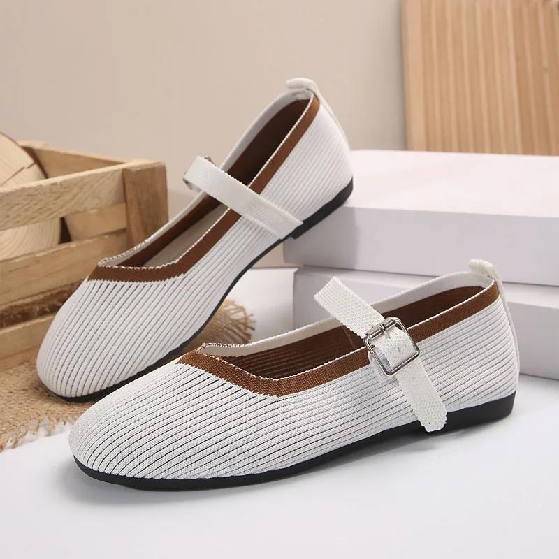 Seasons Women's Shoes Elegant Ballet Flats Fashion Pumps Buckle Strap Mary Jane Shoes Knitted Fabric Casual Shoes Ladies Loafers