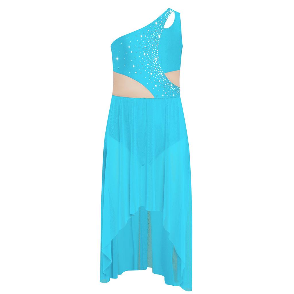 Mädchen Lyrical Tanzkostüm Glänzende Strasssteine Ein Schulter Ärmellos Cutout High Low Fließendes Netzkleid Tanzkleidung
