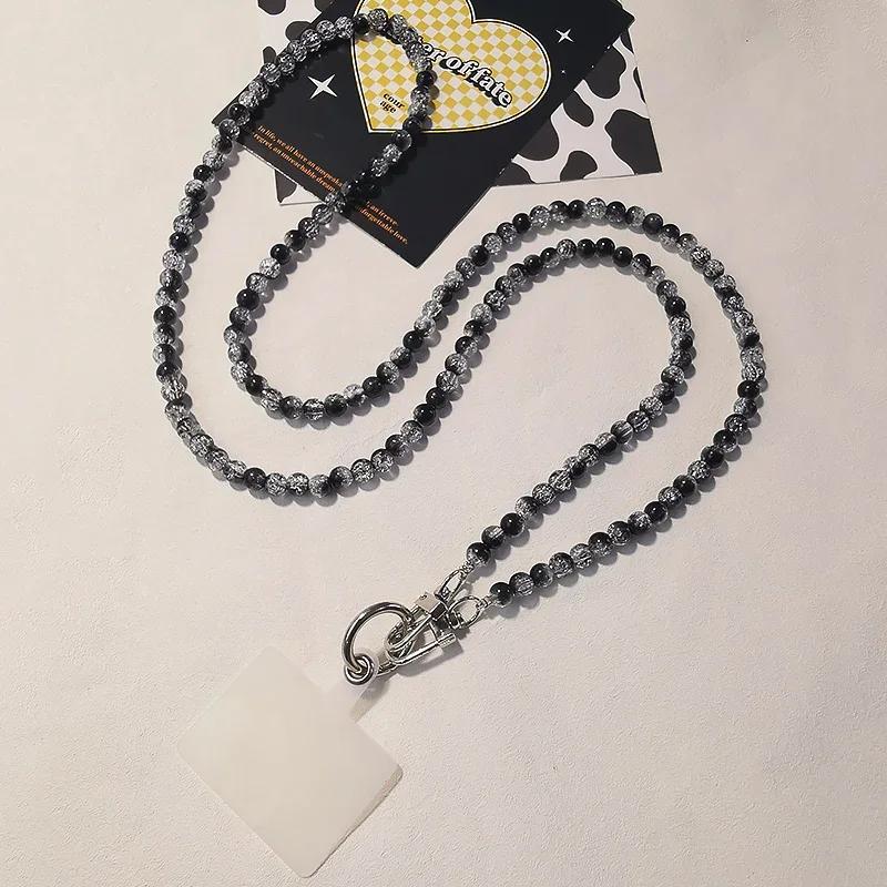 

Mobile Phone Lanyard Long Crossbody Can Back Hand-beaded High-end Black Gray Round Bead Chain Diagonal Chain Rope Iphone 15 Pro