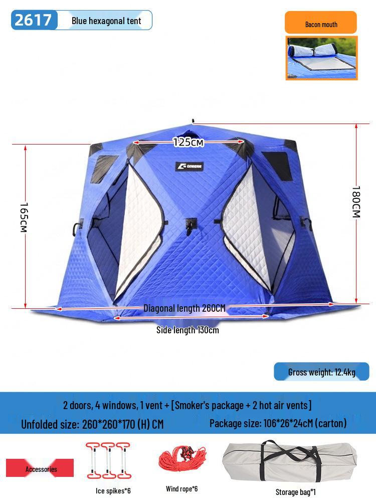 Hexagonal Cotton Ice Fishing Tent - Thickened, No Assembly Needed