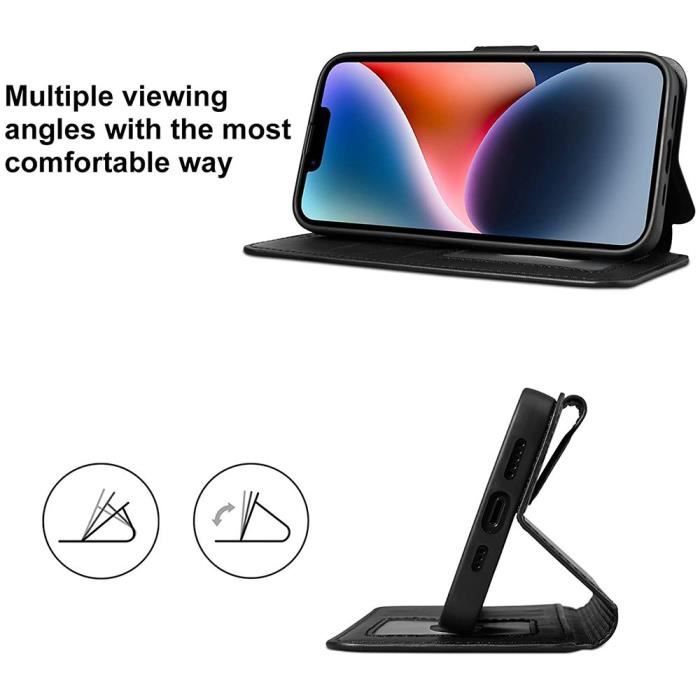 Coque portefeuille - E.F.CONNECTION - pour iPhone 14 - Noir - Souple - Fermoir magnétique