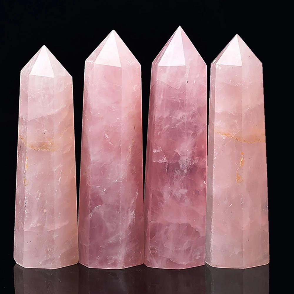 4-delige Set Natuurlijke Rozenkwarts Kristallen Punt Staaf Roze Kristal Zeshoekig Prisma Handgepolijst Obelisk Steen Ambachten Voor Huis Ornament (as the picture,70-80mm tall)