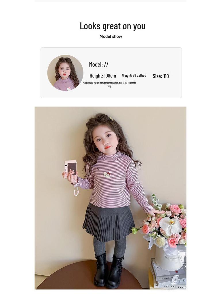 Girls' Fleece-Lined Long-Sleeve T-Shirt - Autumn/Winter Semi-High Collar Top