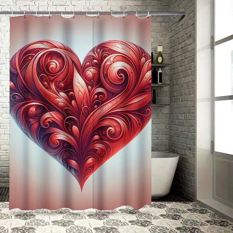 Elegant Red Filigree Heart Shower Curtain - Waterproof, Mildew-Resistant, Machine Washable for Romantic Bathroom Decor