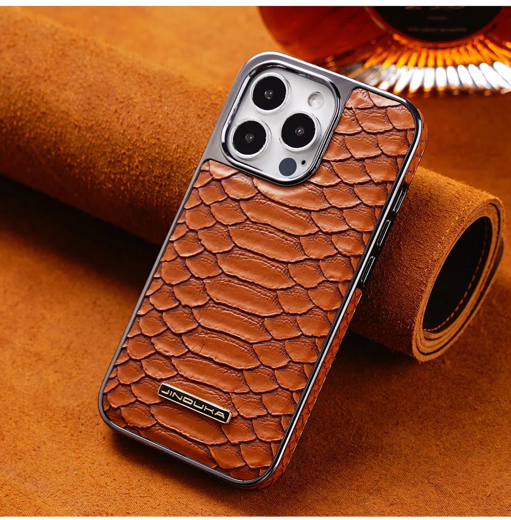 Snakeskin Pattern Leather Case for IPhone 16 Pro Max 17 Air 16 Plus 15 14 13 12 High-end All-inclusive Plating Bumper Hard Cover