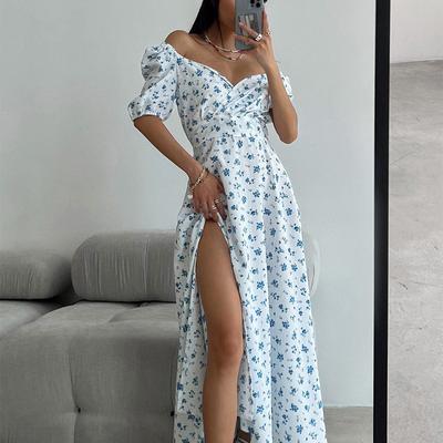Women's Sexy V-Neck Bubble Sleeve Elegant Floral Dresses
