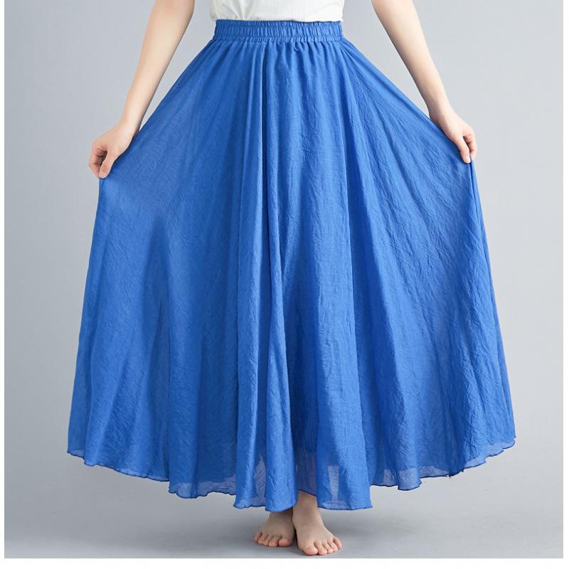 Mori Girl Plus Size Cotton Linen Midi Skirt - Elastic Waist, A-line, Solid Color, Ethnic Style, Long Length