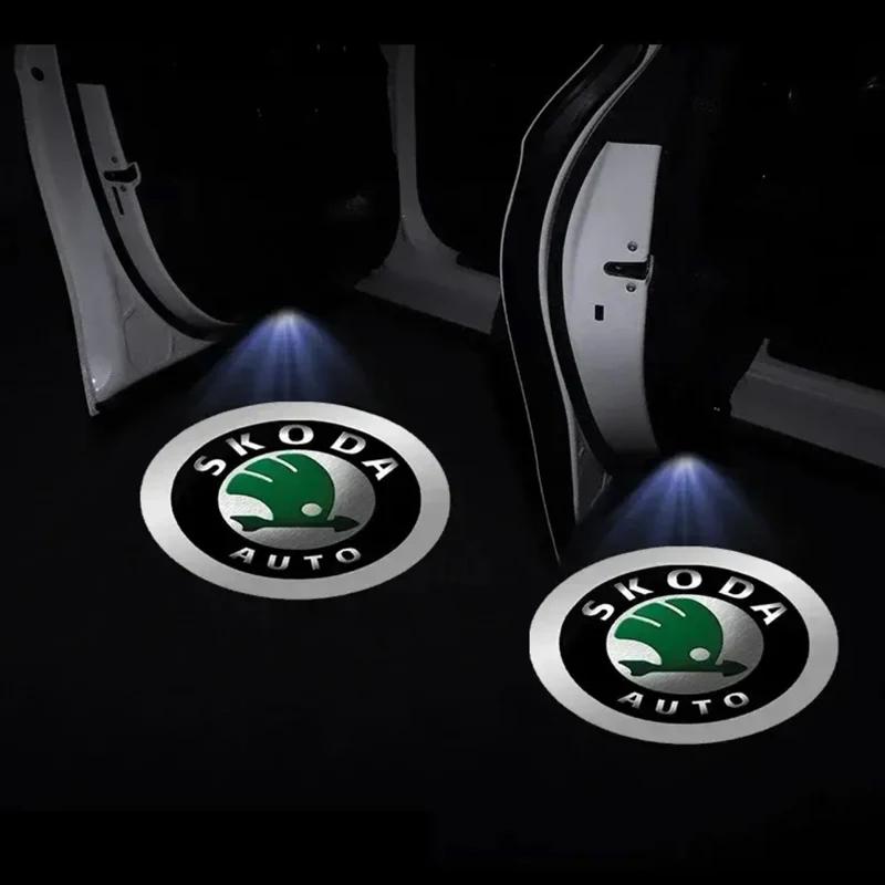 2025 Hot 2Pcs Wireless Led Car Door Welcome Laser Projector Logo Ghost Shadow Night Lights For Skoda Octavia Rapid Kodiaq Karoq