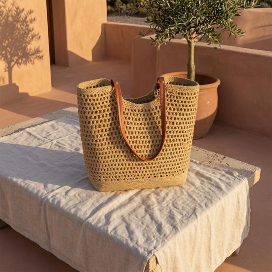 Crochet Shoulder Bag, Large Capacity Tote Bag, Lightweight Knit Handbag, Summer Beach Tote Purse for Women Holiday Commuting Daily Use