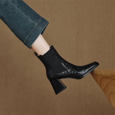 Women'S New Autumn/Winter Square Headed Leather Sheepskin Elastic High Heels Calf Chelsea Short Boots