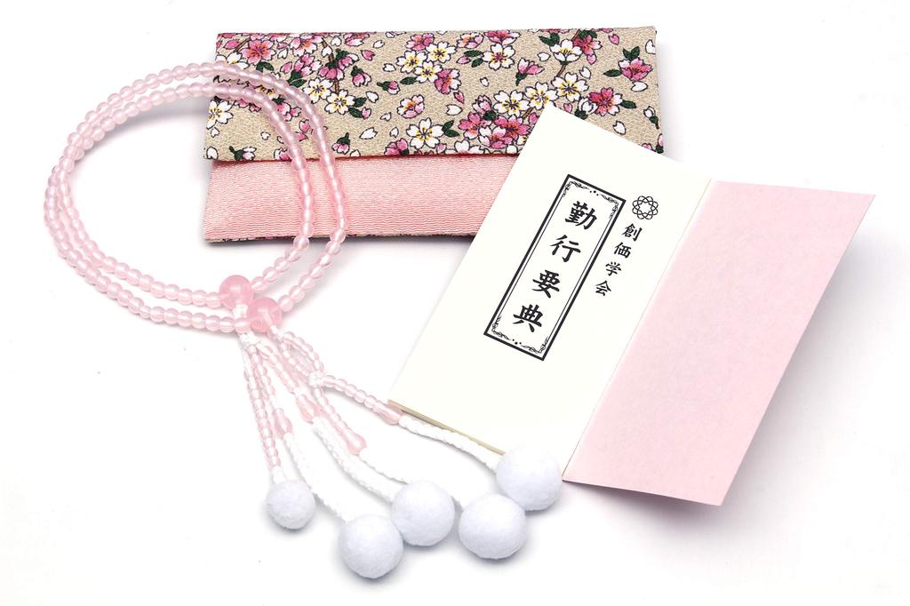 Made In Soka Gakkai Prayer Gift for New Set for Prayer Pink Ground and Cherry Prayer Red Crystal Japan, Beads, Members, Gongyo, 3-piece Women, Beads,